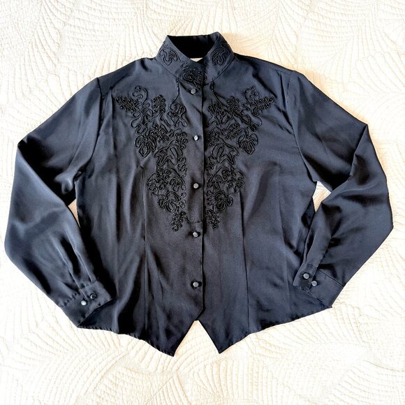Vintage 90s Black High Collared Embellished Victorian Boho Style Blouse Size 12 - Picture 1 of 12
